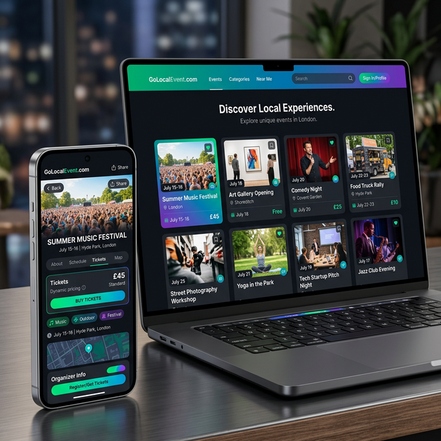 GoLocalEvent.com UI mockup showing mobile and website view